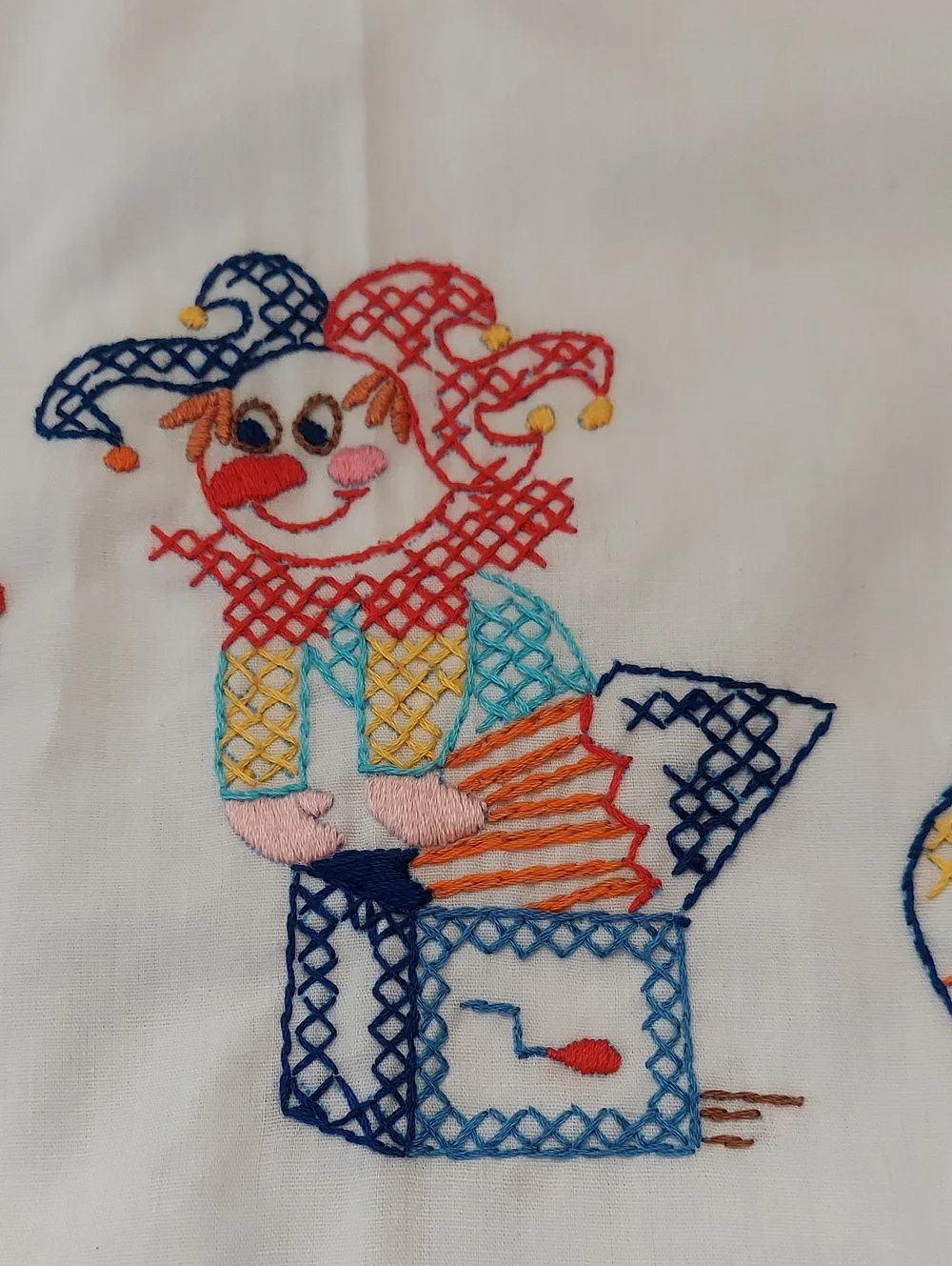 Playthings’ Crib Sheet Hand Embroidery from Bucilla Pattern  Vintage Clown Toys